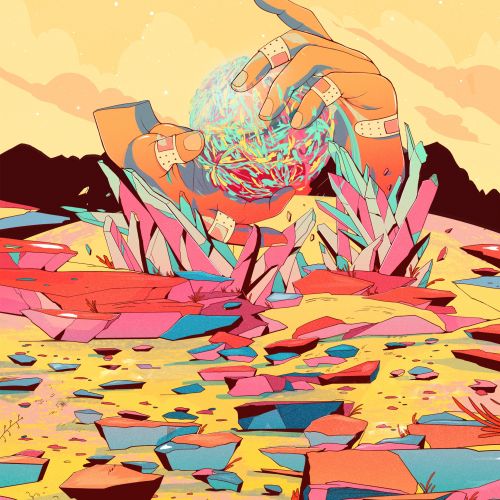 Colorful surreal landscape with giant hand holding orb above rocks
