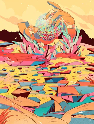 Colorful surreal landscape with giant hand holding orb above rocks