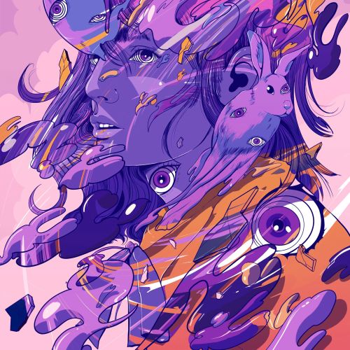 Abstract purple and orange portrait with floating rabbits and eyes