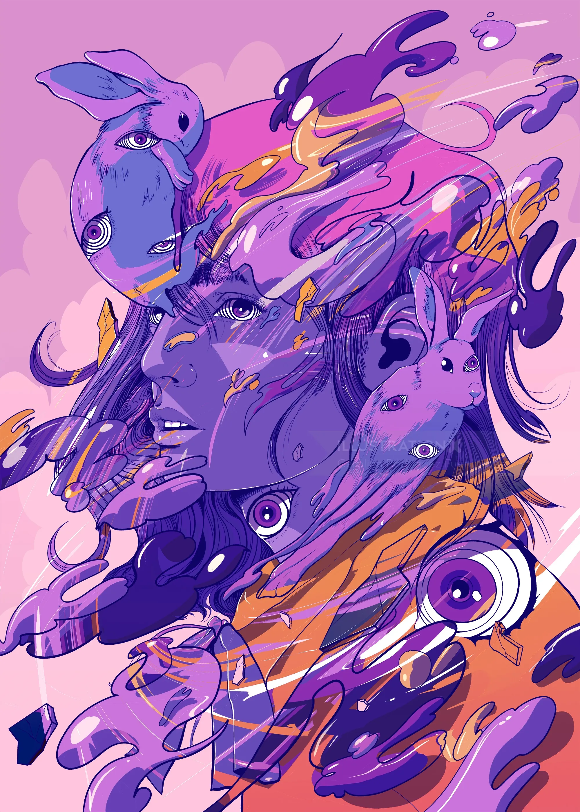 Abstract purple and orange portrait with floating rabbits and eyes