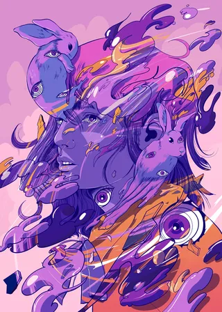 Abstract purple and orange portrait with floating rabbits and eyes