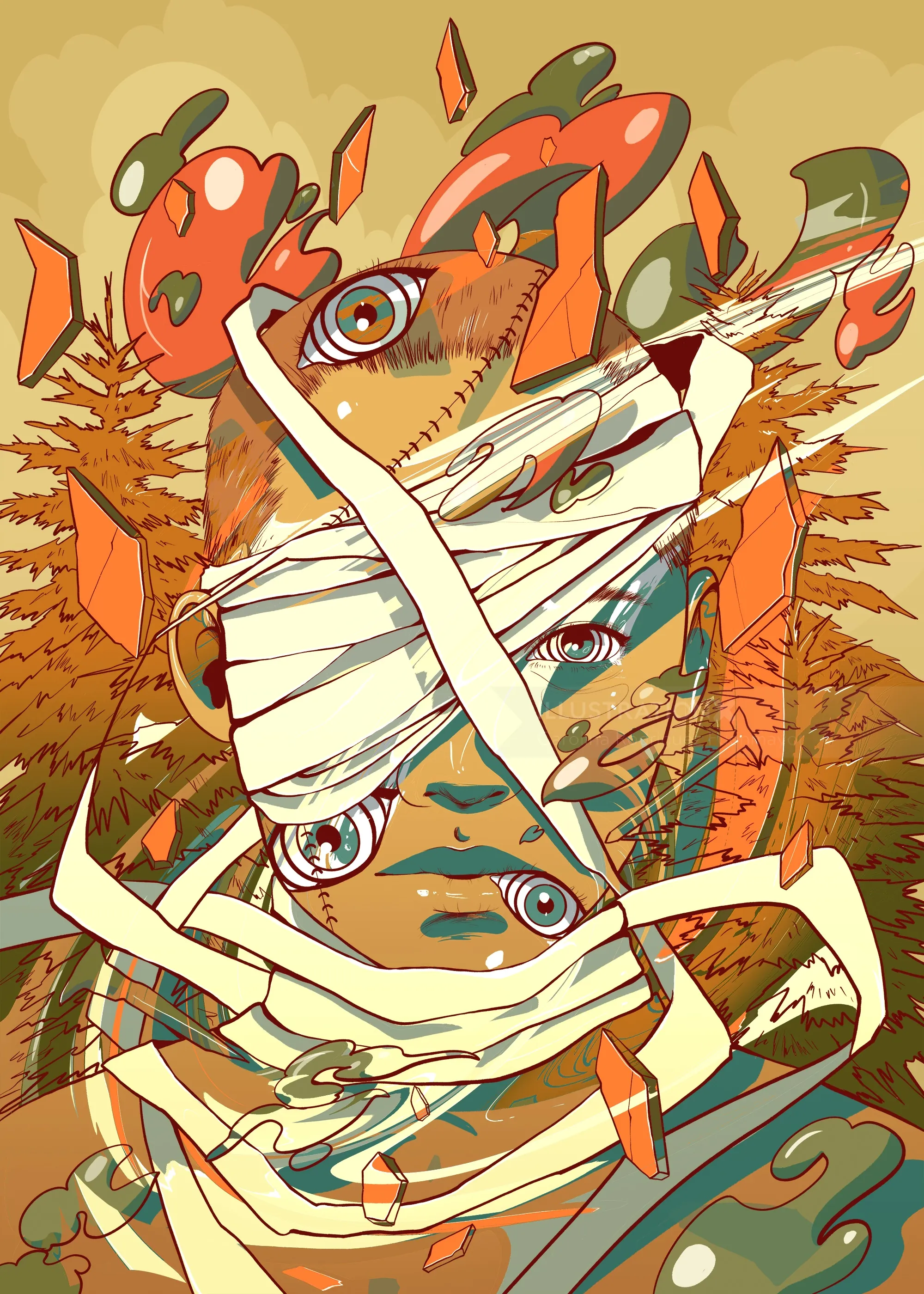 Surreal artwork of fragmented face wrapped in bandages with floating eyes