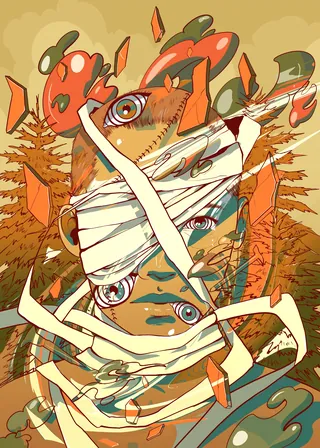 Surreal artwork of fragmented face wrapped in bandages with floating eyes