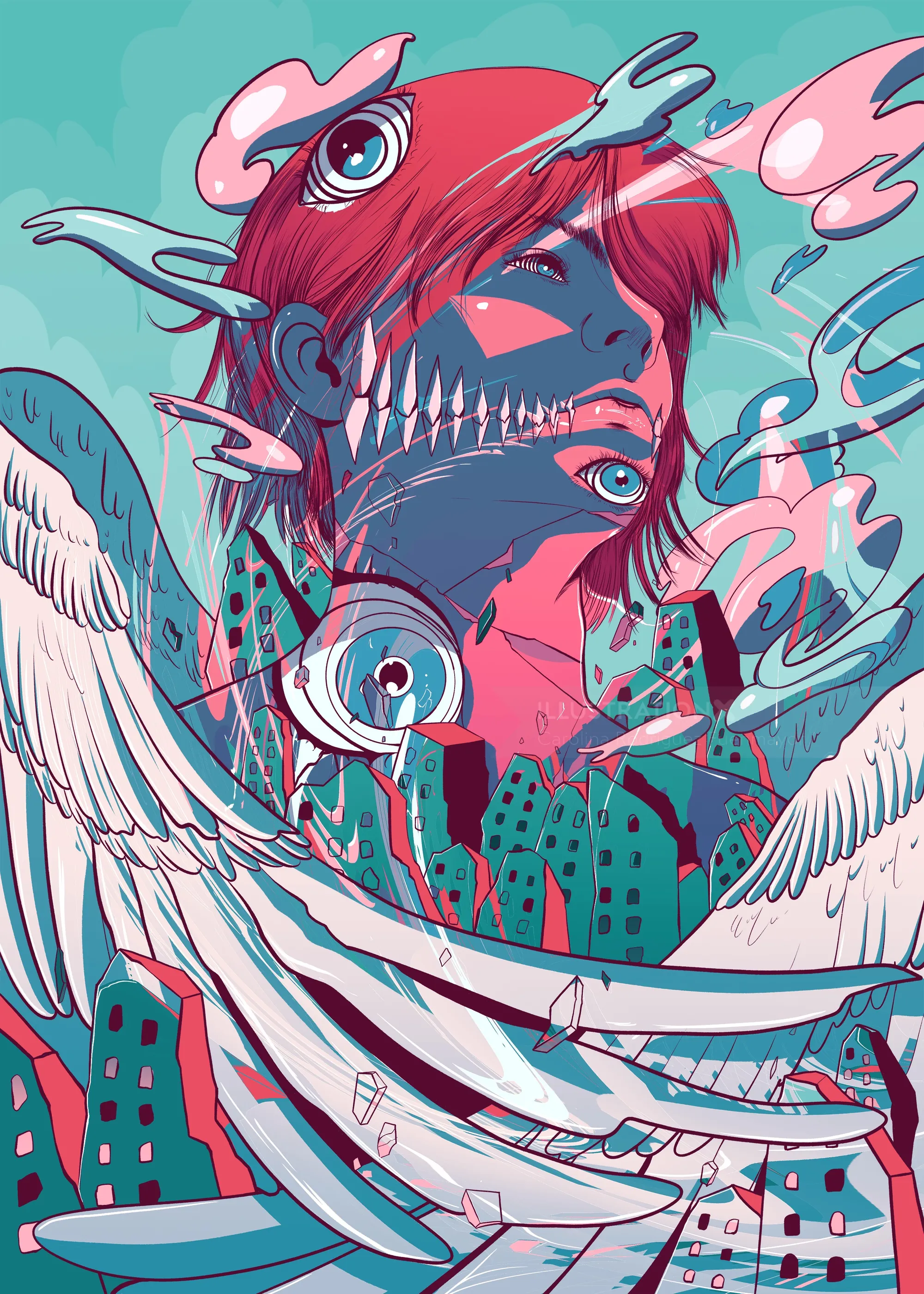 Surreal book cover showing a red-haired figure with multiple eyes and wings