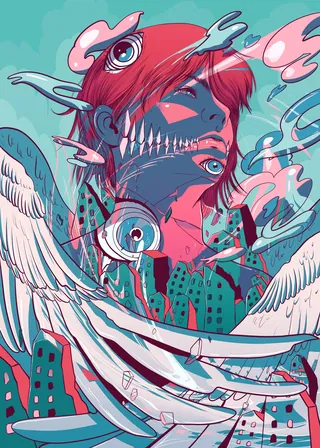 Surreal book cover showing a red-haired figure with multiple eyes and wings