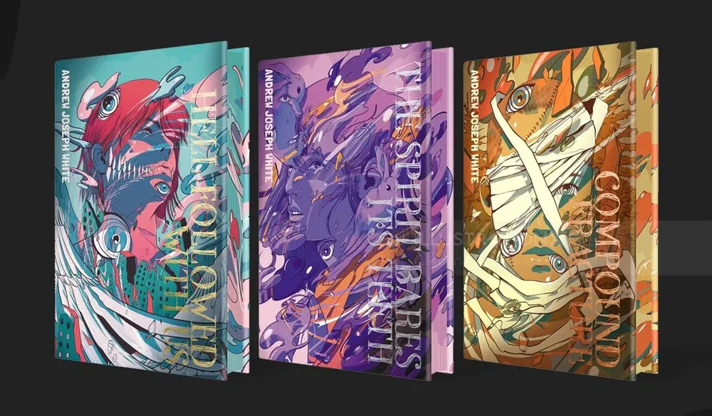 Three vibrant fantasy book covers with detailed artwork