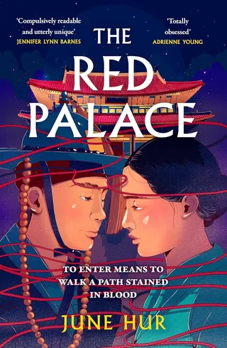 Book cover showing two faces in traditional Korean hats entwined with red strings