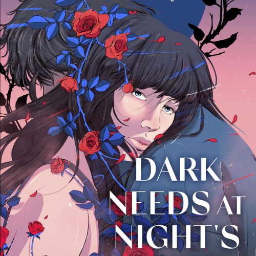 Book cover featuring woman with red eyes and flowers for Dark Needs at Night's Edge