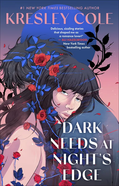 Book cover featuring woman with red eyes and flowers for Dark Needs at Night's Edge