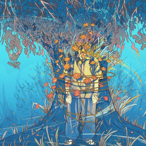 Illustration of entwined figures with flowers and vines in a blue setting