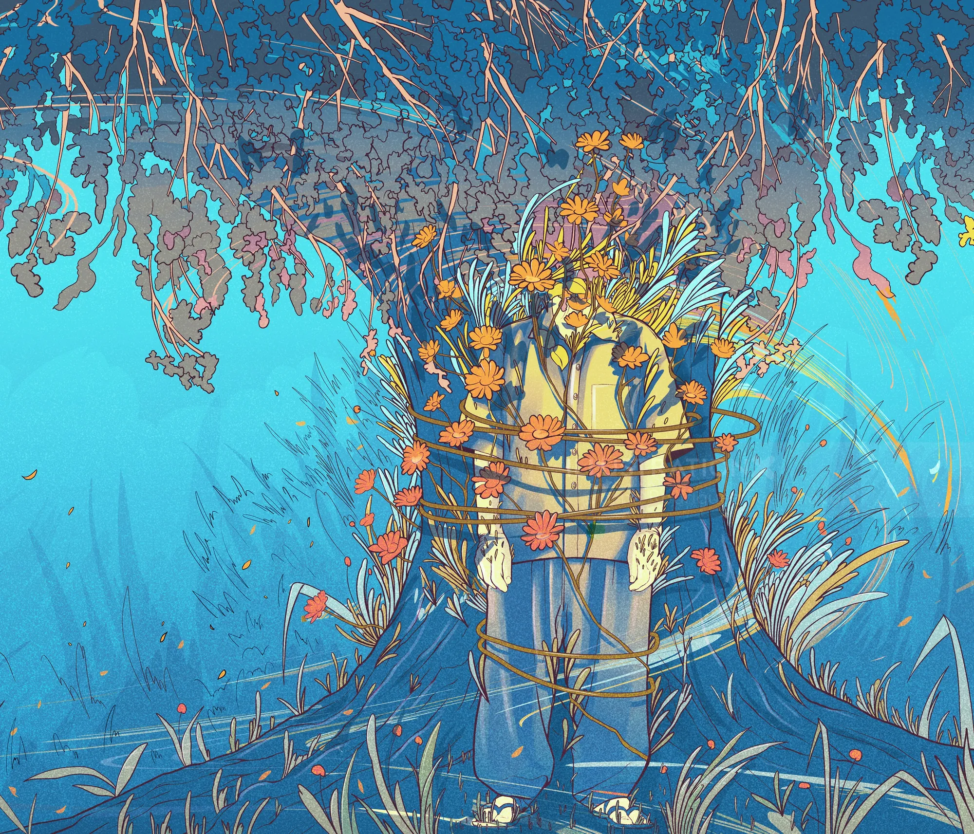 Illustration of entwined figures with flowers and vines in a blue setting