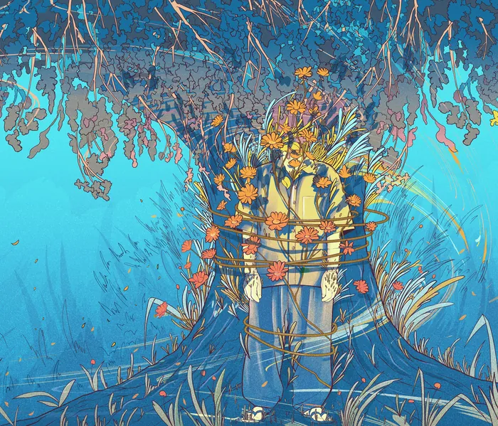 Illustration of entwined figures with flowers and vines in a blue setting