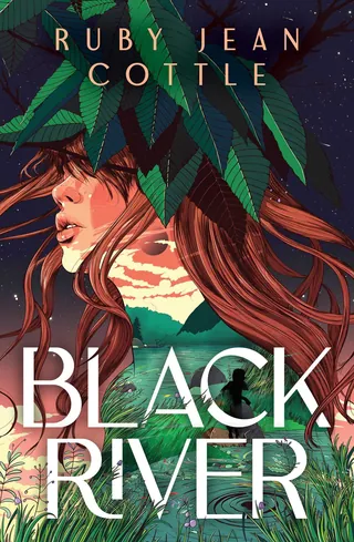 Book cover with woman's face covered by large leaves and sunset background