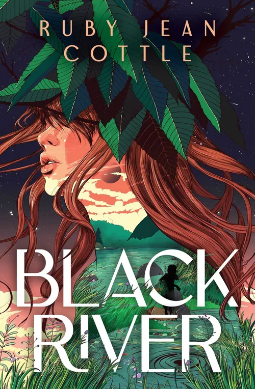Book cover with woman's face covered by large leaves and sunset background