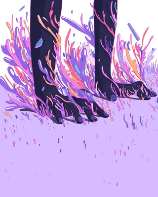 Close-up of feet with colorful abstract plants growing around them