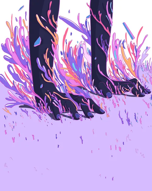 Close-up of feet with colorful abstract plants growing around them
