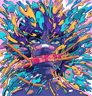 Colorful abstract face with flowing shapes and vibrant paint splashes