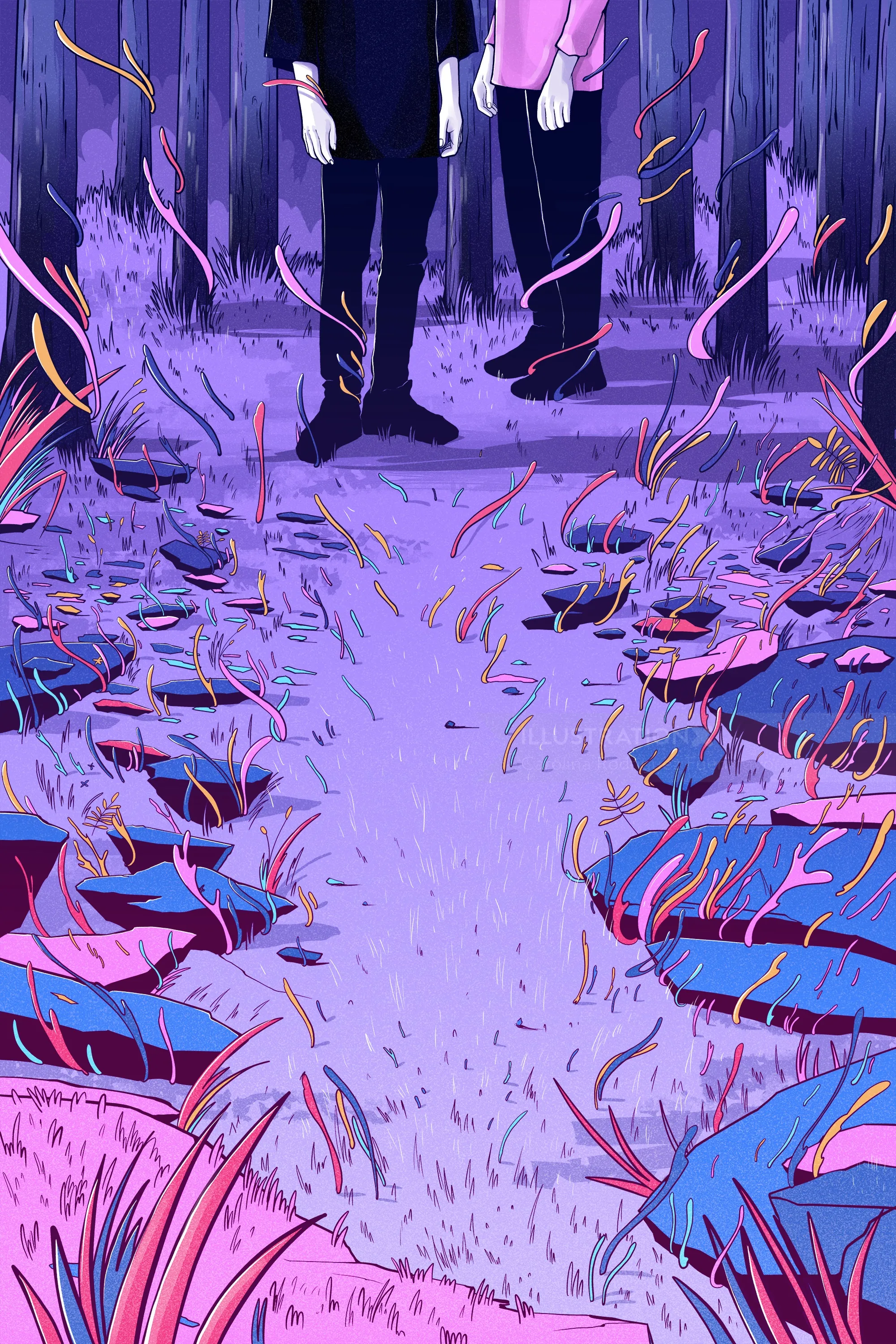 Two people standing on a path surrounded by purple plants and stones