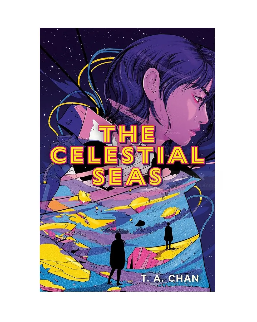 Book cover of The Celestial Seas with a purple-haired figure and cosmic background