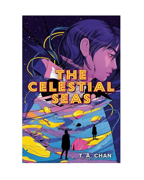 Book cover of The Celestial Seas with a purple-haired figure and cosmic background