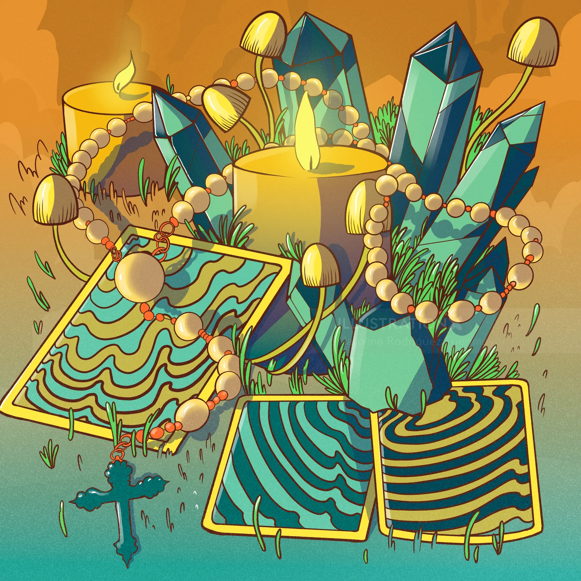 Lit candles with blue crystals, striped cards, and beads by Carolina Rodriguez Fuenmayor
