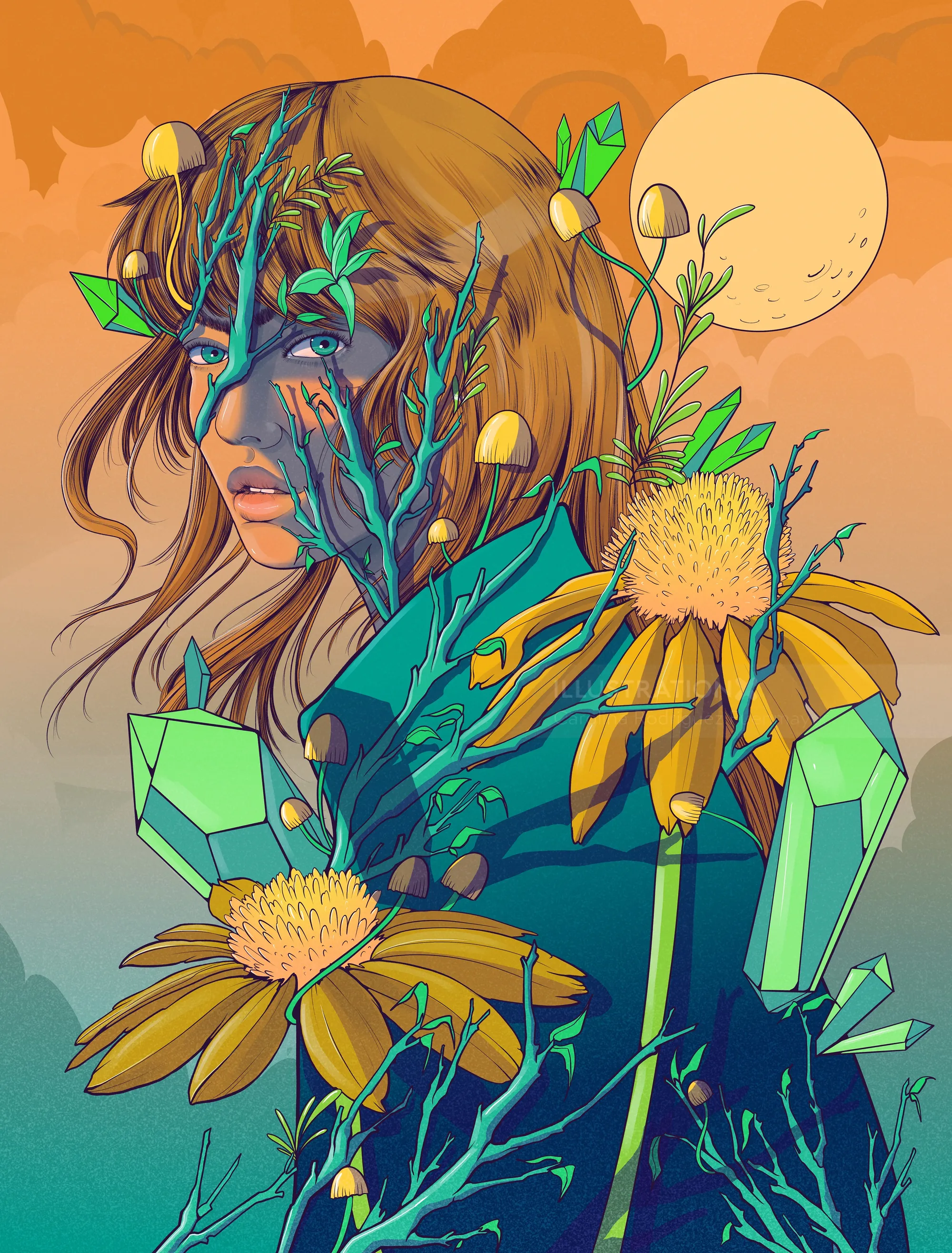 Woman with flowers, branches, and green crystals by Carolina Rodriguez Fuenmayor