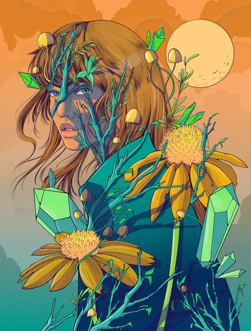 Woman with flowers, branches, and green crystals by Carolina Rodriguez Fuenmayor