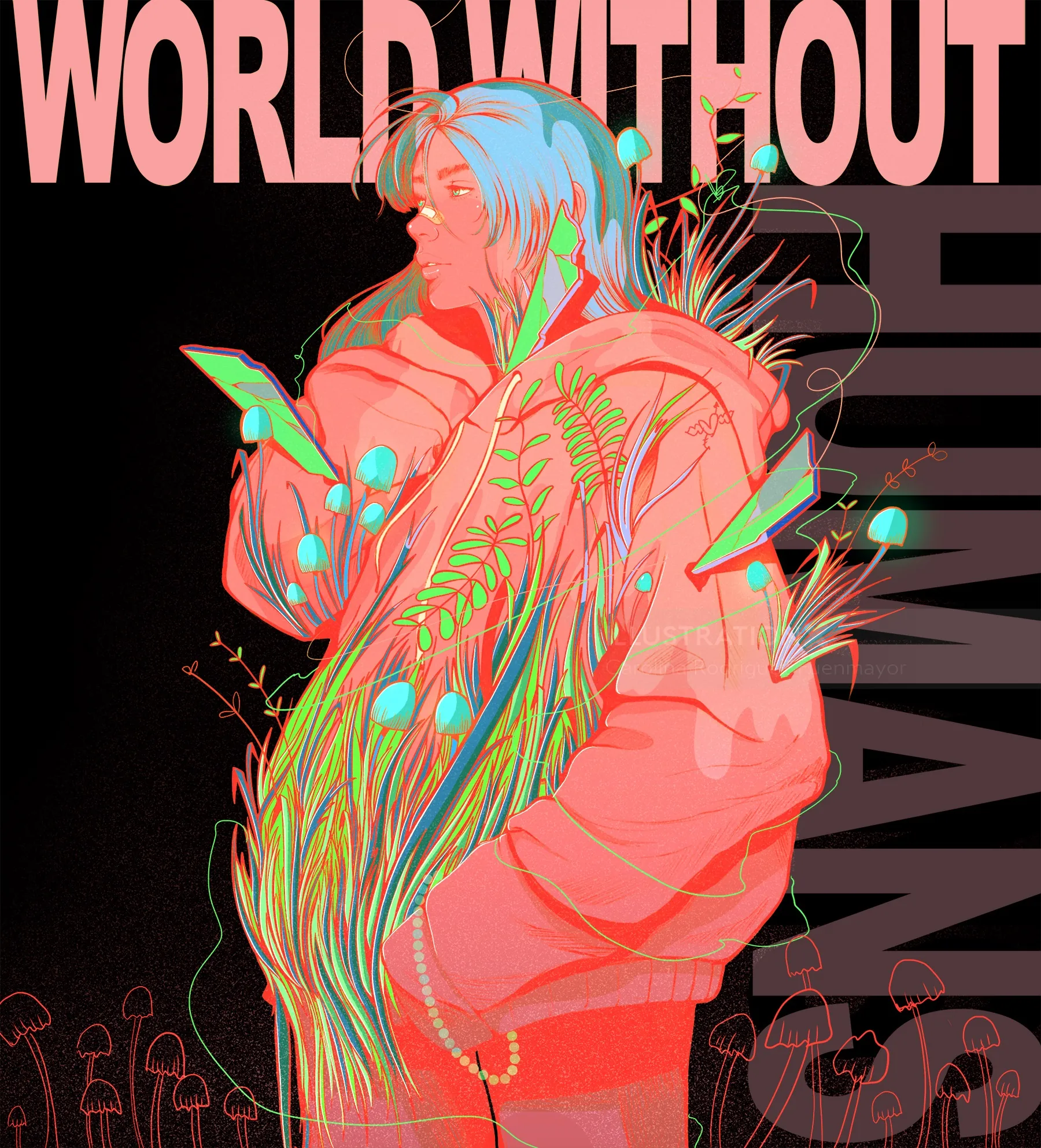 Illustration of a person with plants growing from their body by Carolina Rodriguez Fuenmayor