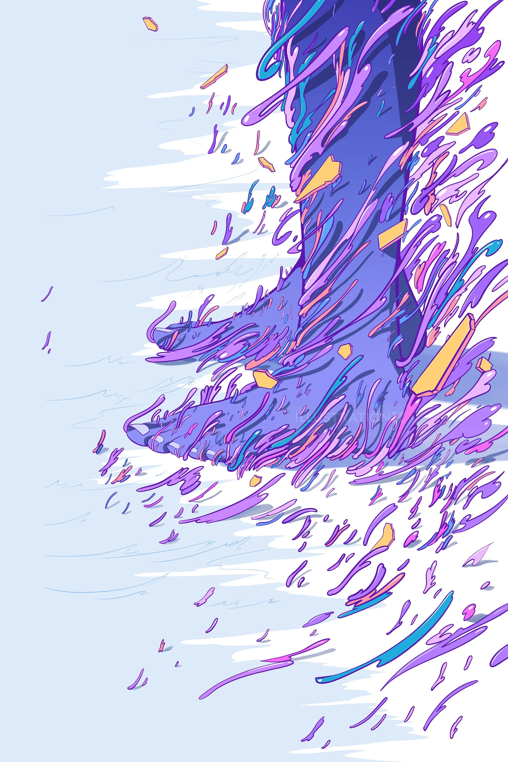 Abstract tree in purple tones with swirling scattered leaves by Carolina Rodriguez Fuenmayor