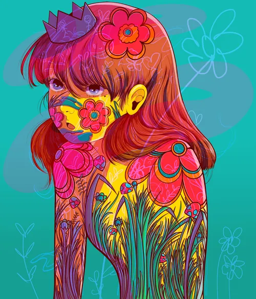 Colorful floral face and body painting on a girl by Carolina Rodriguez Fuenmayor