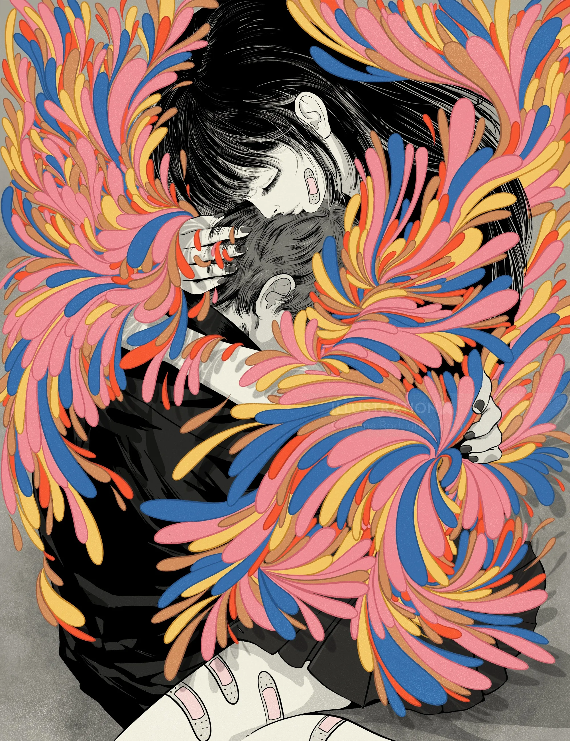 Two people embracing surrounded by colorful feathers by Carolina Rodriguez Fuenmayor