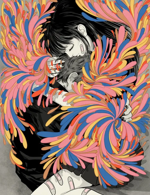 Two people embracing surrounded by colorful feathers by Carolina Rodriguez Fuenmayor