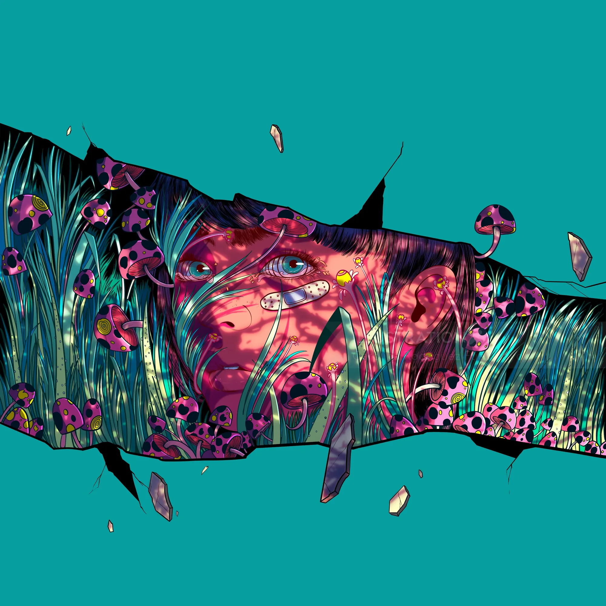 Illustration of a face surrounded by purple flowers and grass by Carolina Rodriguez Fuenmayor