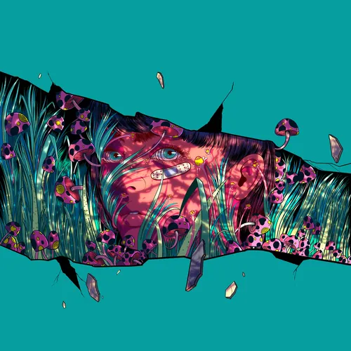Illustration of a face surrounded by purple flowers and grass by Carolina Rodriguez Fuenmayor