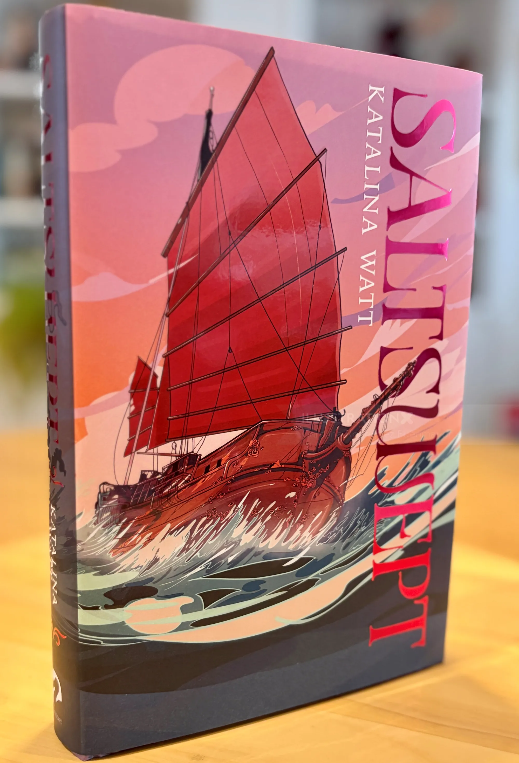 Book cover of Saltswept with red sailboat on waves by Carolina Rodriguez Fuenmayor