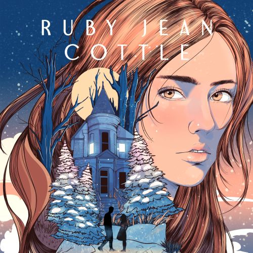 Illustrated book cover showing a woman's face and snowy mountain cabin by Carolina Rodriguez Fuenmay