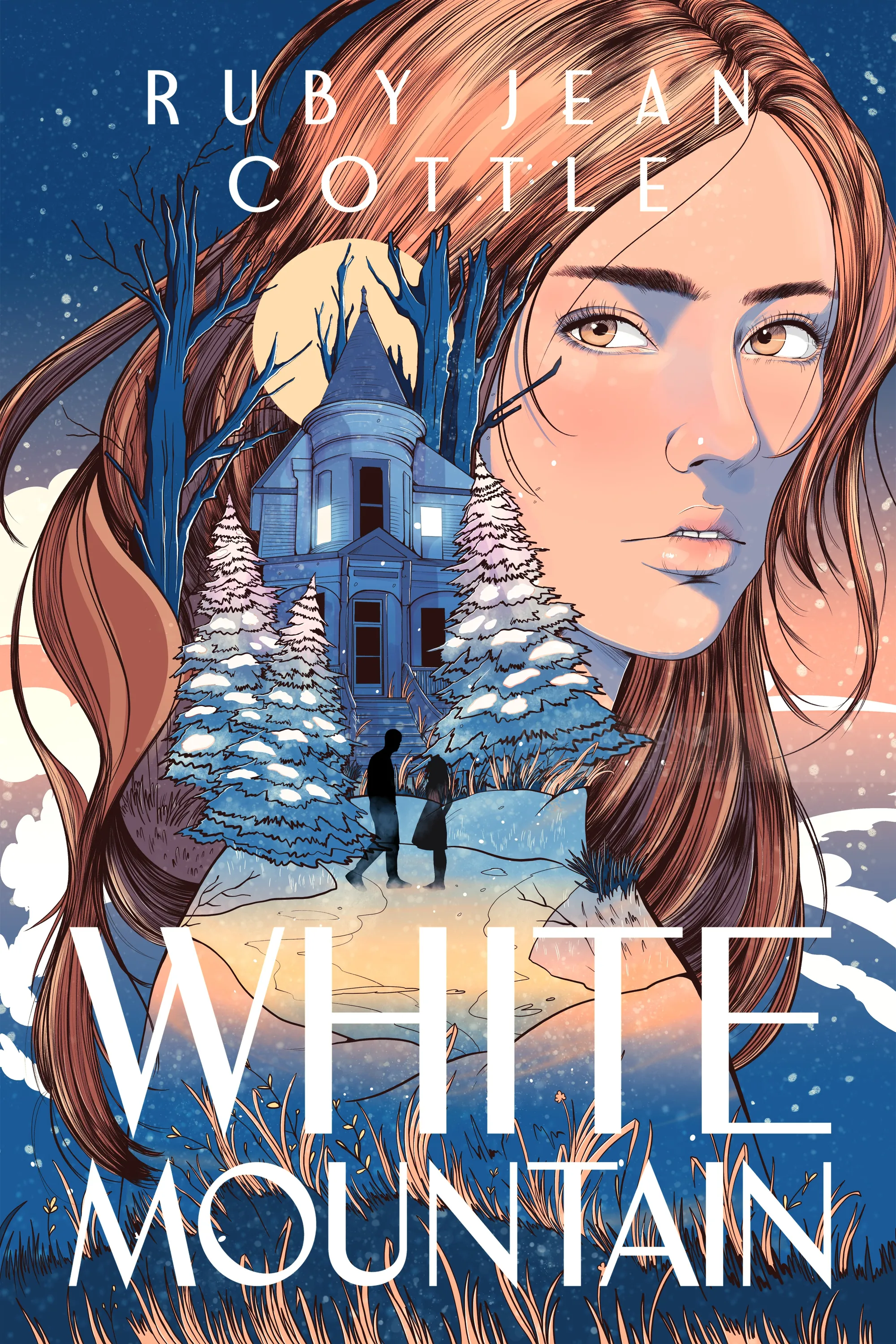 Illustrated book cover showing a woman's face and snowy mountain cabin by Carolina Rodriguez Fuenmay