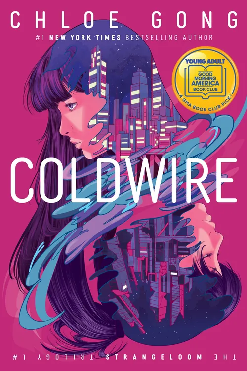 Book cover of Coldwire showing a woman and cityscape by Carolina Rodriguez Fuenmayor