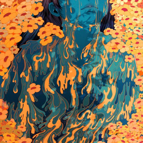 Blue-skinned figure surrounded by orange flowers, by Carolina Rodriguez Fuenmayor