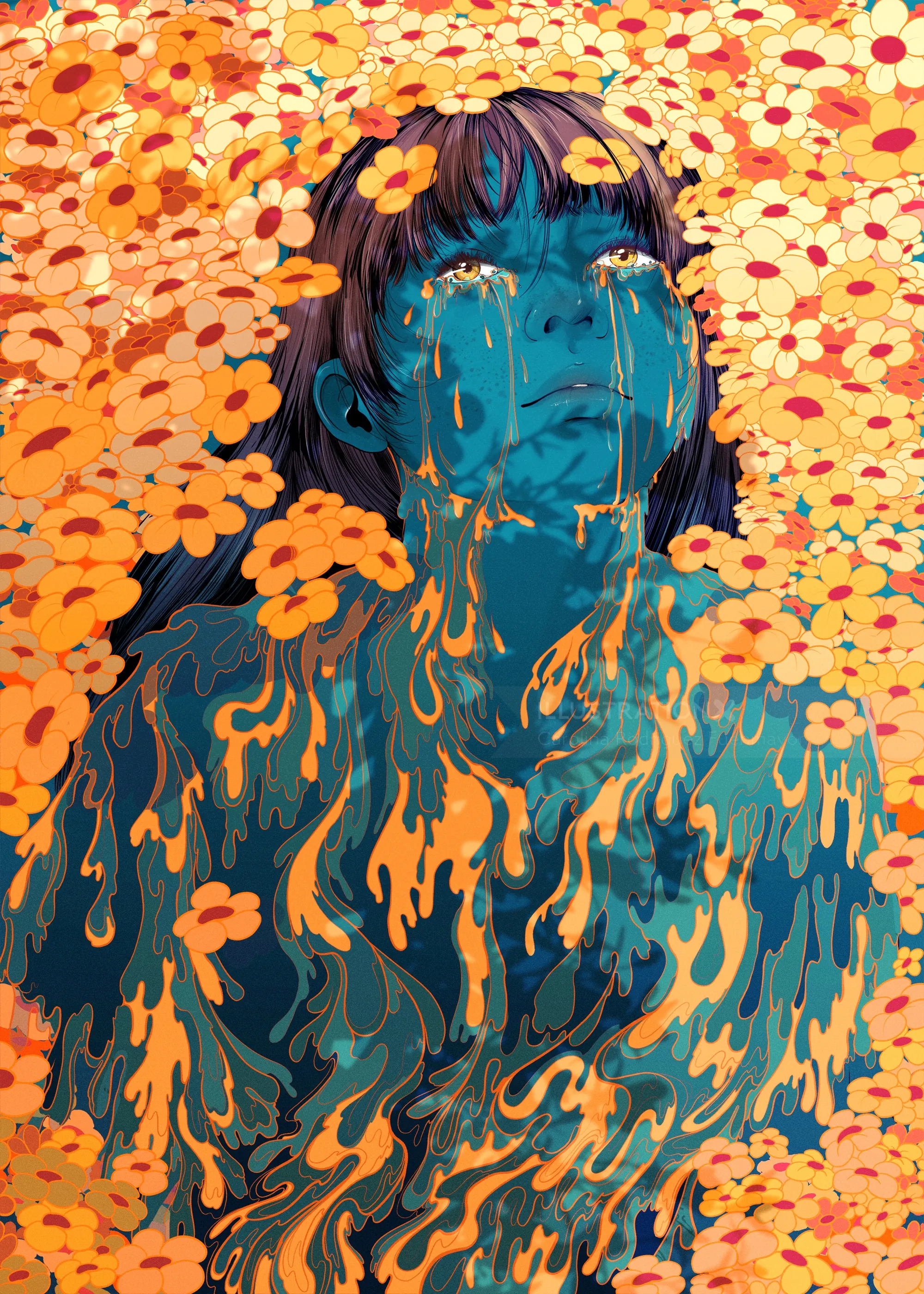 Blue-skinned figure surrounded by orange flowers, by Carolina Rodriguez Fuenmayor