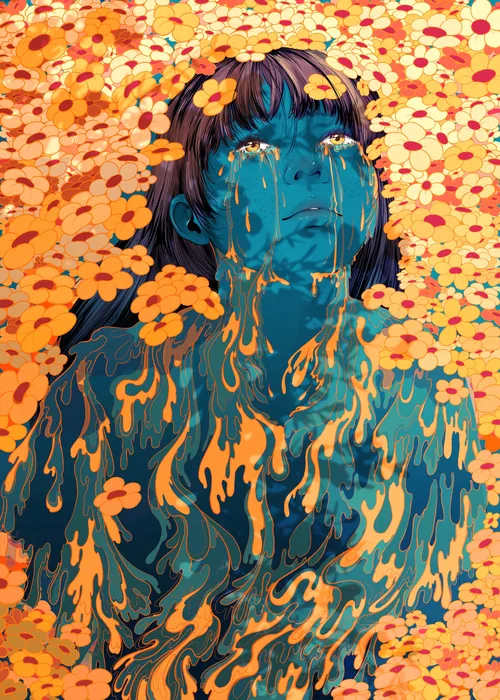 주황색 꽃들에 둘러싸인 푸른 피부의 인물, Carolina Rodriguez Fuenmayor 작