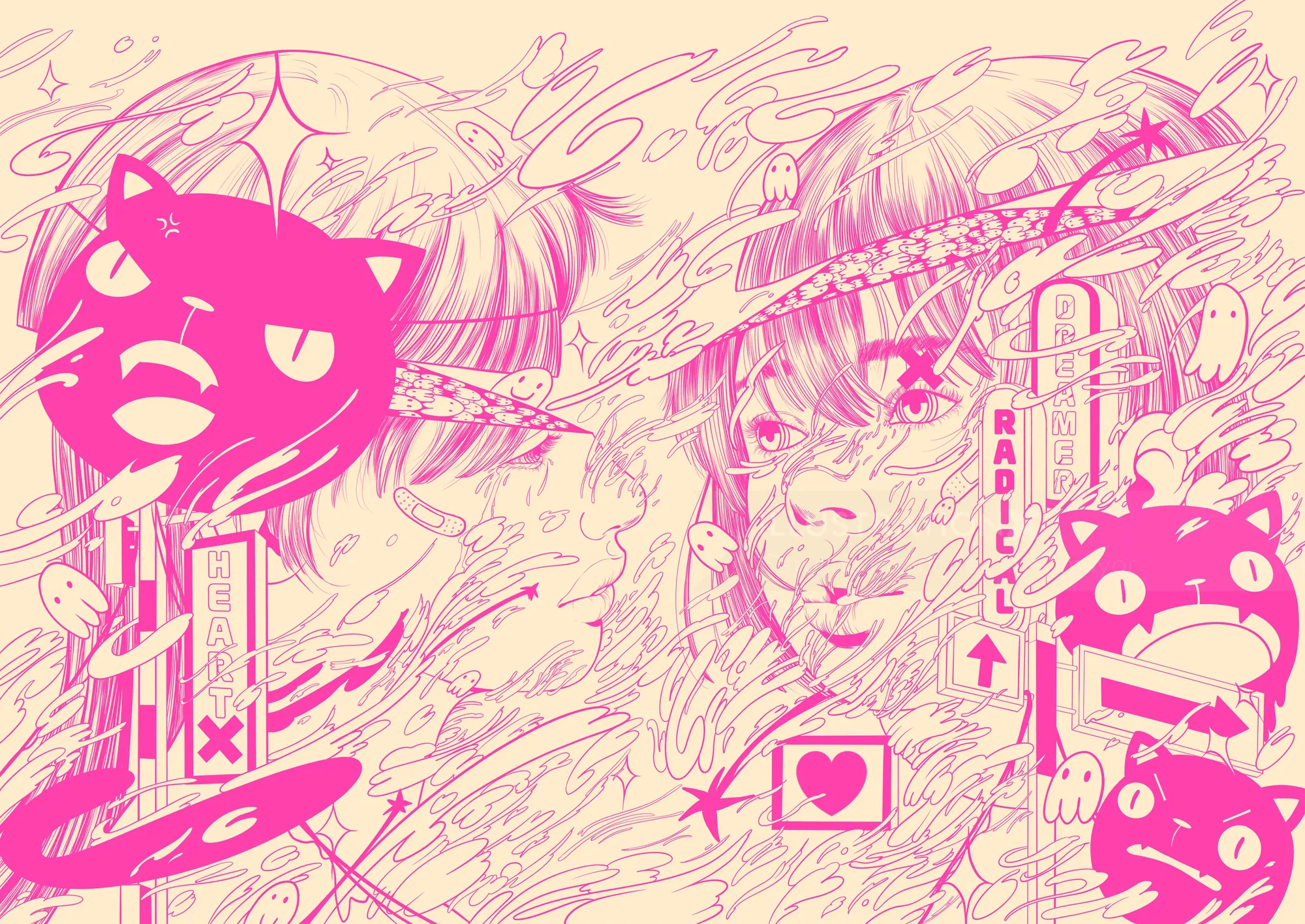 Illustration einer rosa Katze und einer Frau von Carolina Rodriguez Fuenmayor