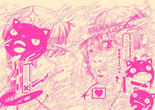 Pink cat and woman illustration by Carolina Rodriguez Fuenmayor
