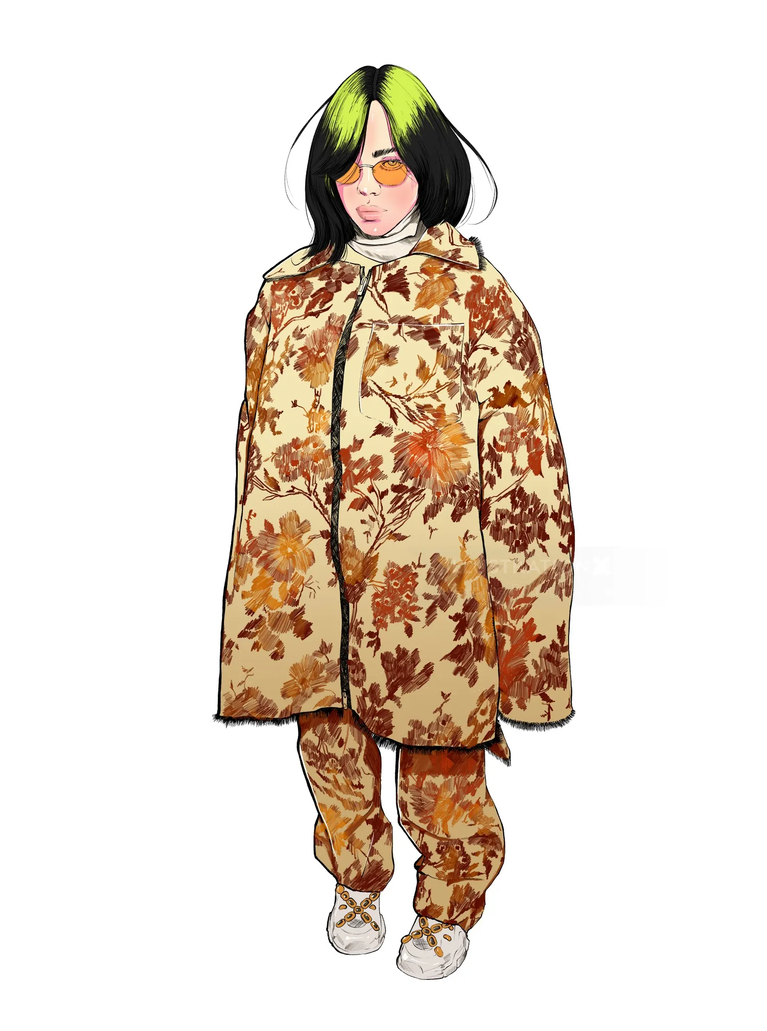 Illustration by Carolina Rodriguez Fuenmayor of Billie Eilish in a floral outfit