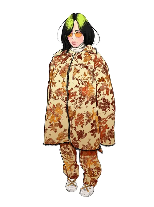 Illustration by Carolina Rodriguez Fuenmayor of Billie Eilish in a floral outfit