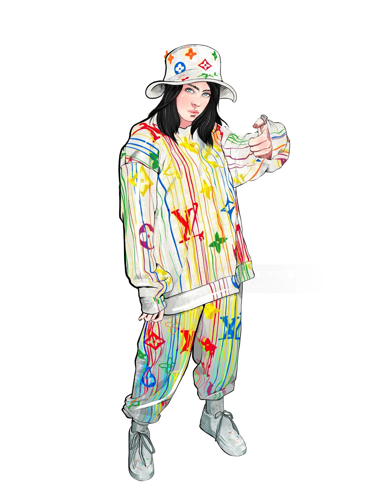 Carolina Rodriguez Fuenmayor illustration of Billie Eilish in colorful streetwear