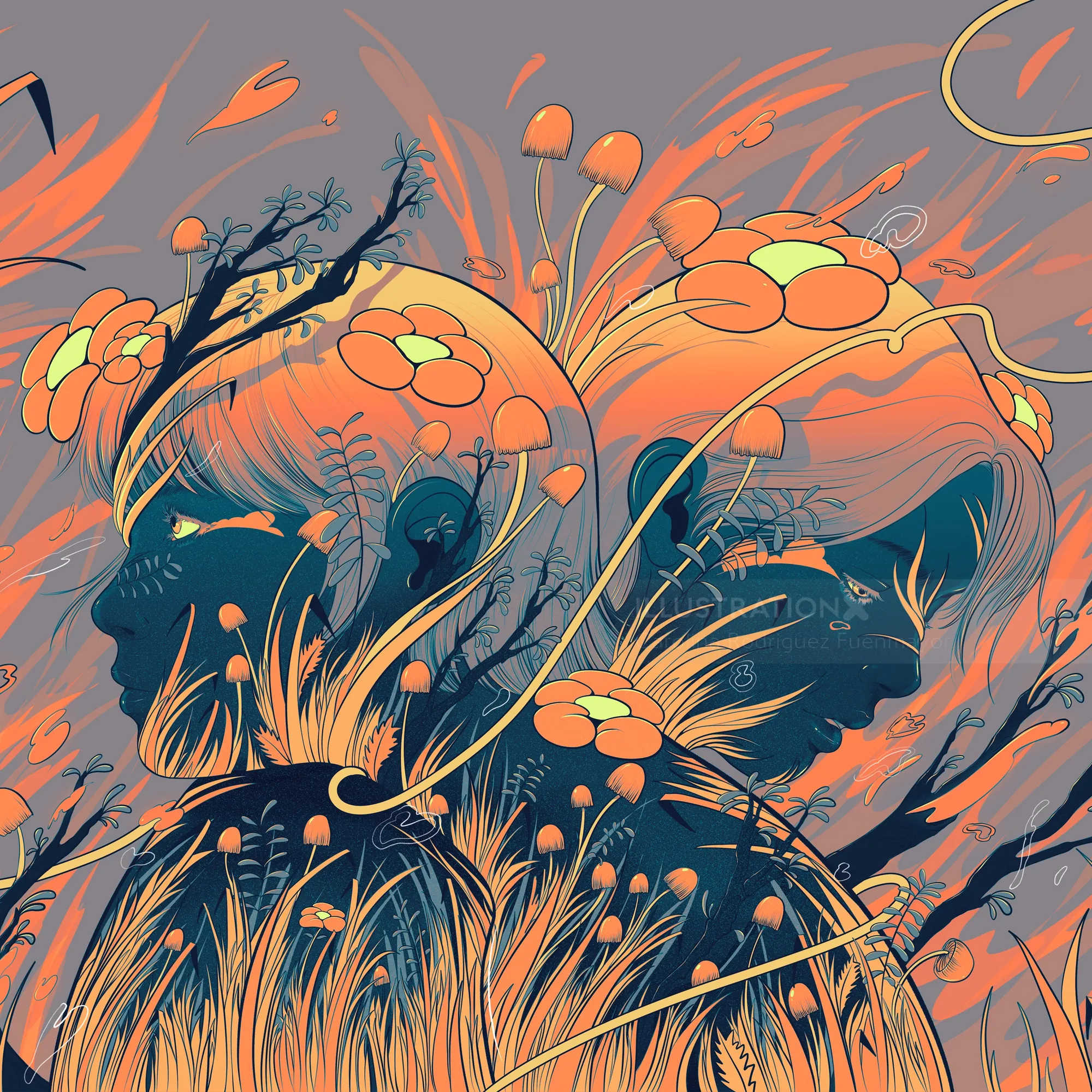 Artwork by Carolina Rodriguez Fuenmayor showing flower girls in an autumn forest