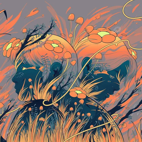 Ilustração de Carolina Rodriguez Fuenmayor mostrando meninas floristas em uma floresta de outono.