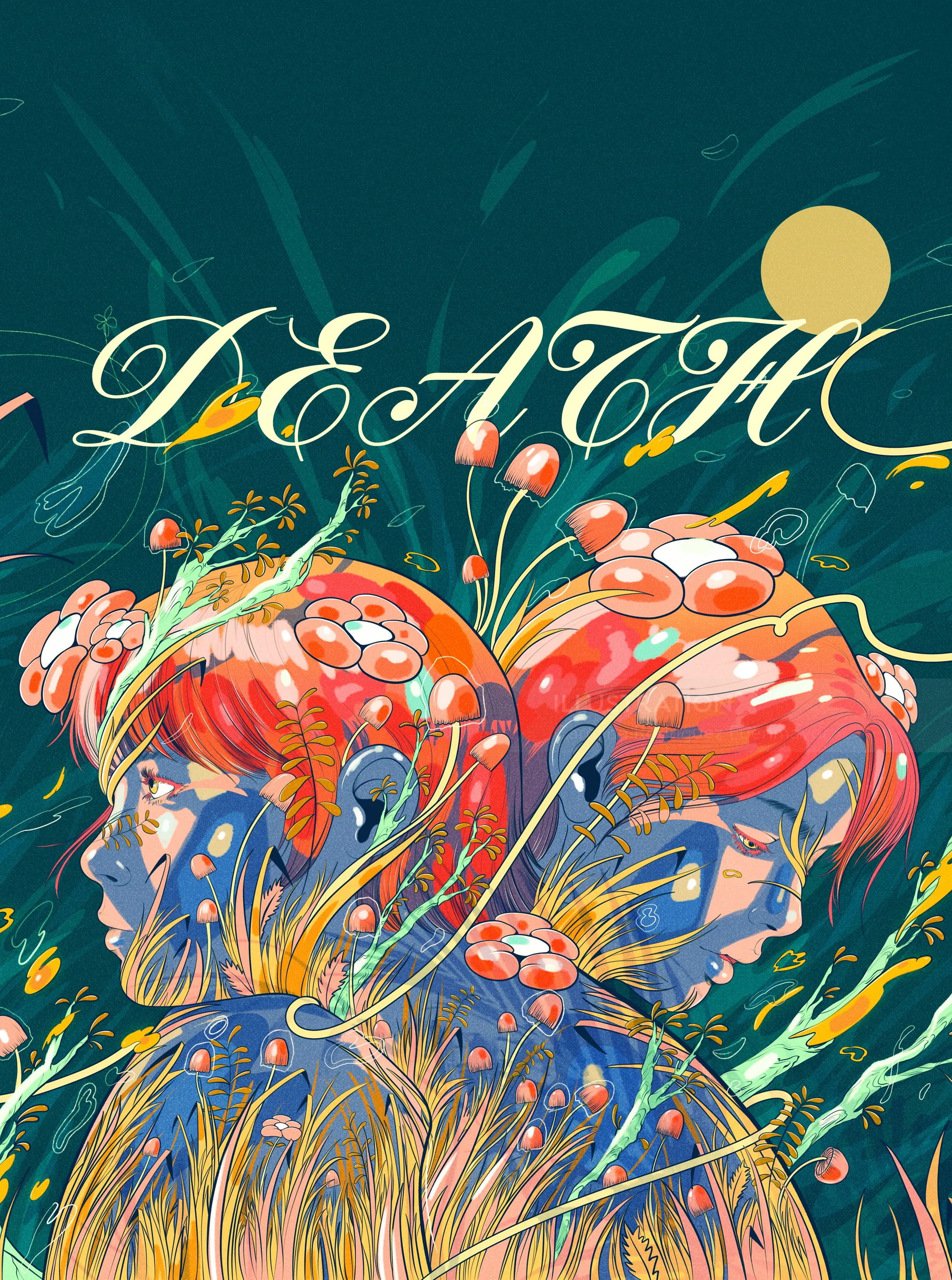 Death-themed mushroom illustration by Carolina Rodriguez Fuenmayor