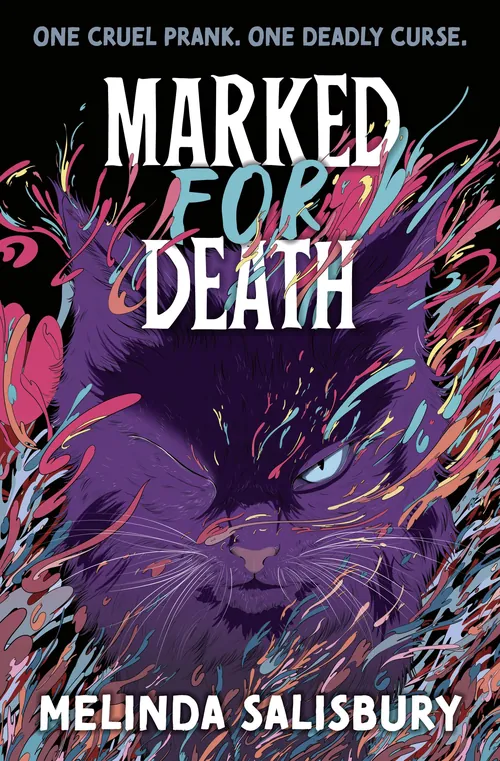 Book cover illustration by Carolina Rodriguez Fuenmayor featuring a scary purple cat